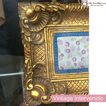 Cuadro dorado barroco vintage con aplicacin de tela liberty y pasamaneria