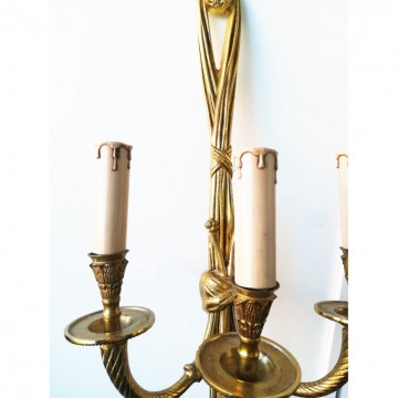 Pair of French Louis XVI Style (20th Cent) Bronze Dore 3 Arm Wall Sconces