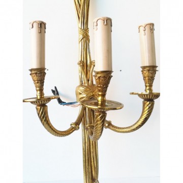 Pair of French Louis XVI Style (20th Cent) Bronze Dore 3 Arm Wall Sconces