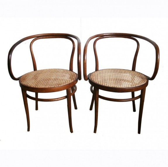 Pair of Cane and Bentwood Chairs after Thonet 209, 1940s