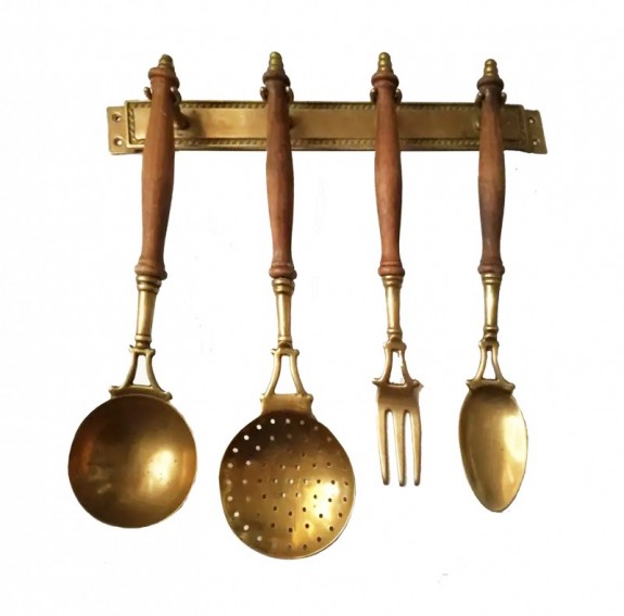 Kitchen Utensils Made of Brass with from a Hanging Bar, Early 20th Century