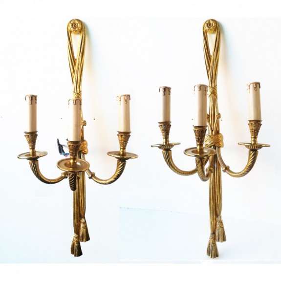 Pair of French Louis XVI Style (20th Cent) Bronze Dore 3 Arm Wall Sconces